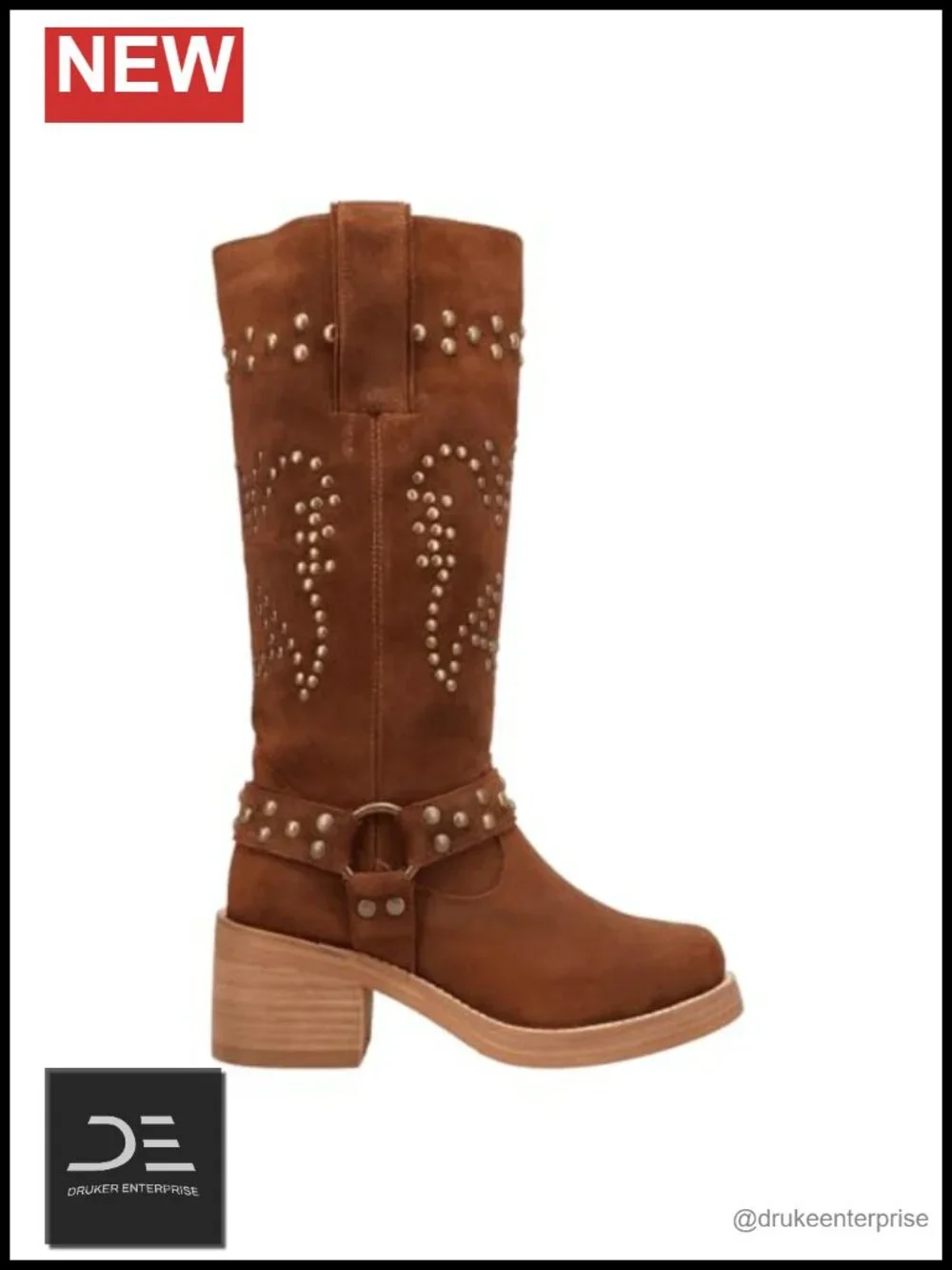 Studded Round Toe Over the Knee Pull On Suede Boots Block Heel